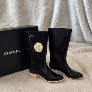 CHANEL Black Patent Rain Boots with Camellia Accent